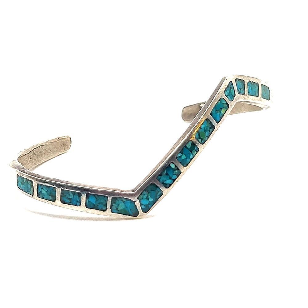 Sterling Silver Turquoise Chip Curvy Open Cuff Bracelet 6.5in